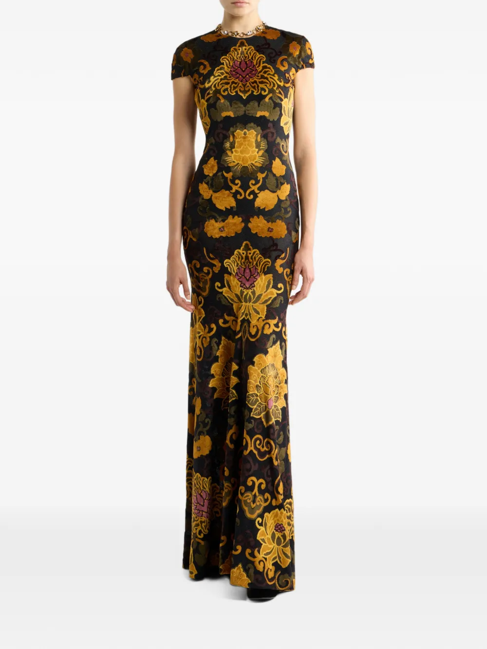 ETRO long jacquard dress with chenille floral-motif Zwart