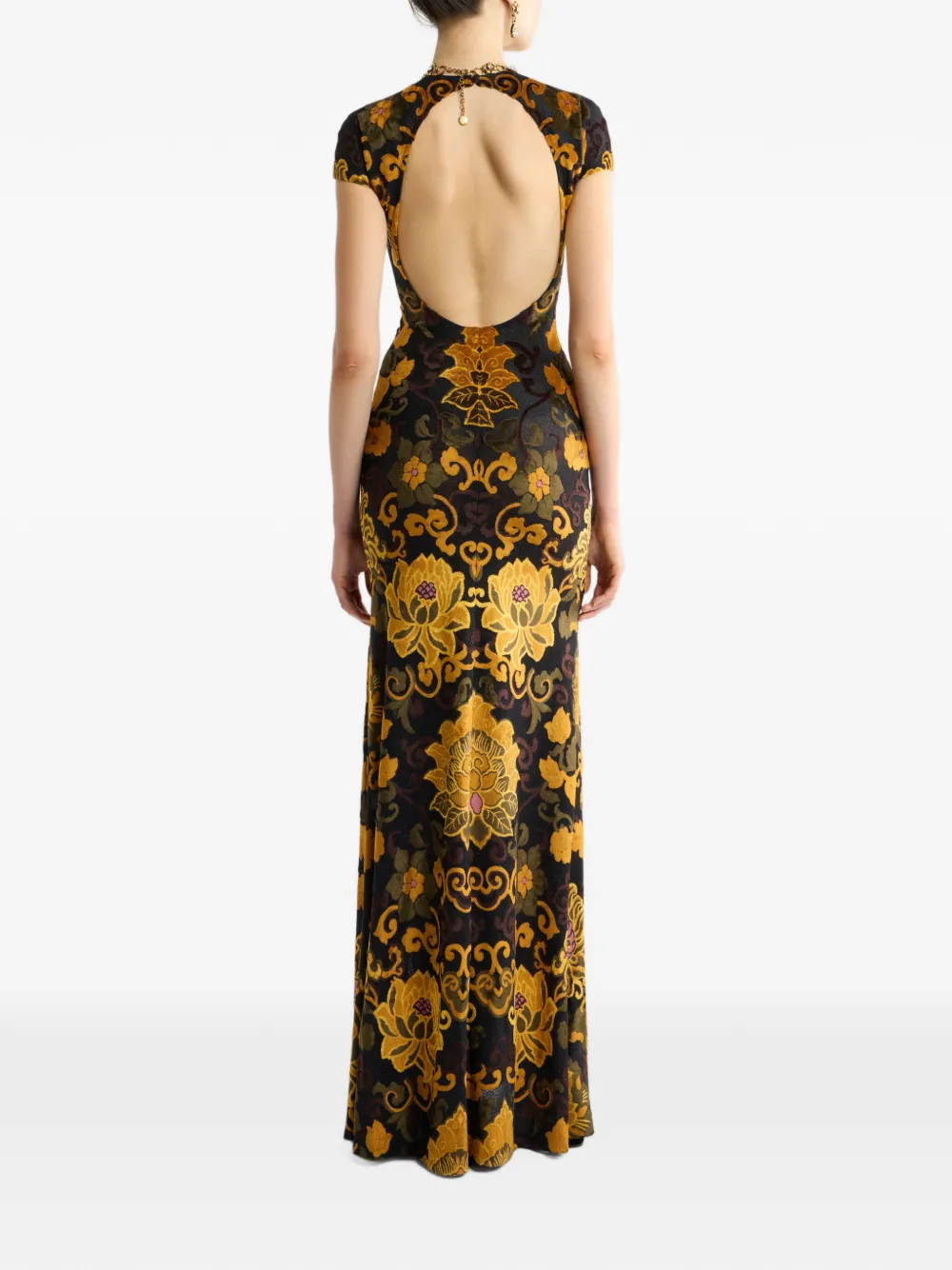 ETRO long jacquard dress with chenille floral-motif Zwart