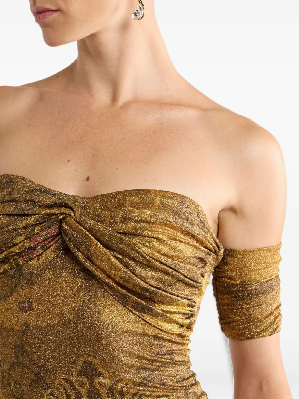 ETRO long metallic jersey dress with open shoulders and floral motif Goud