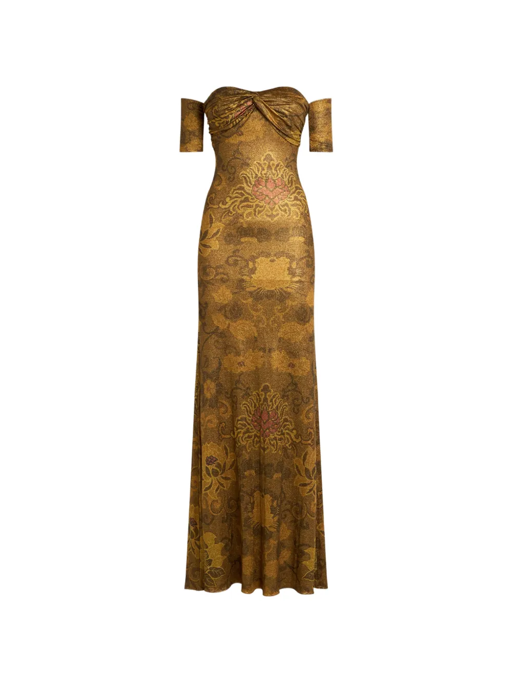 ETRO long metallic jersey dress with open shoulders and floral motif Goud