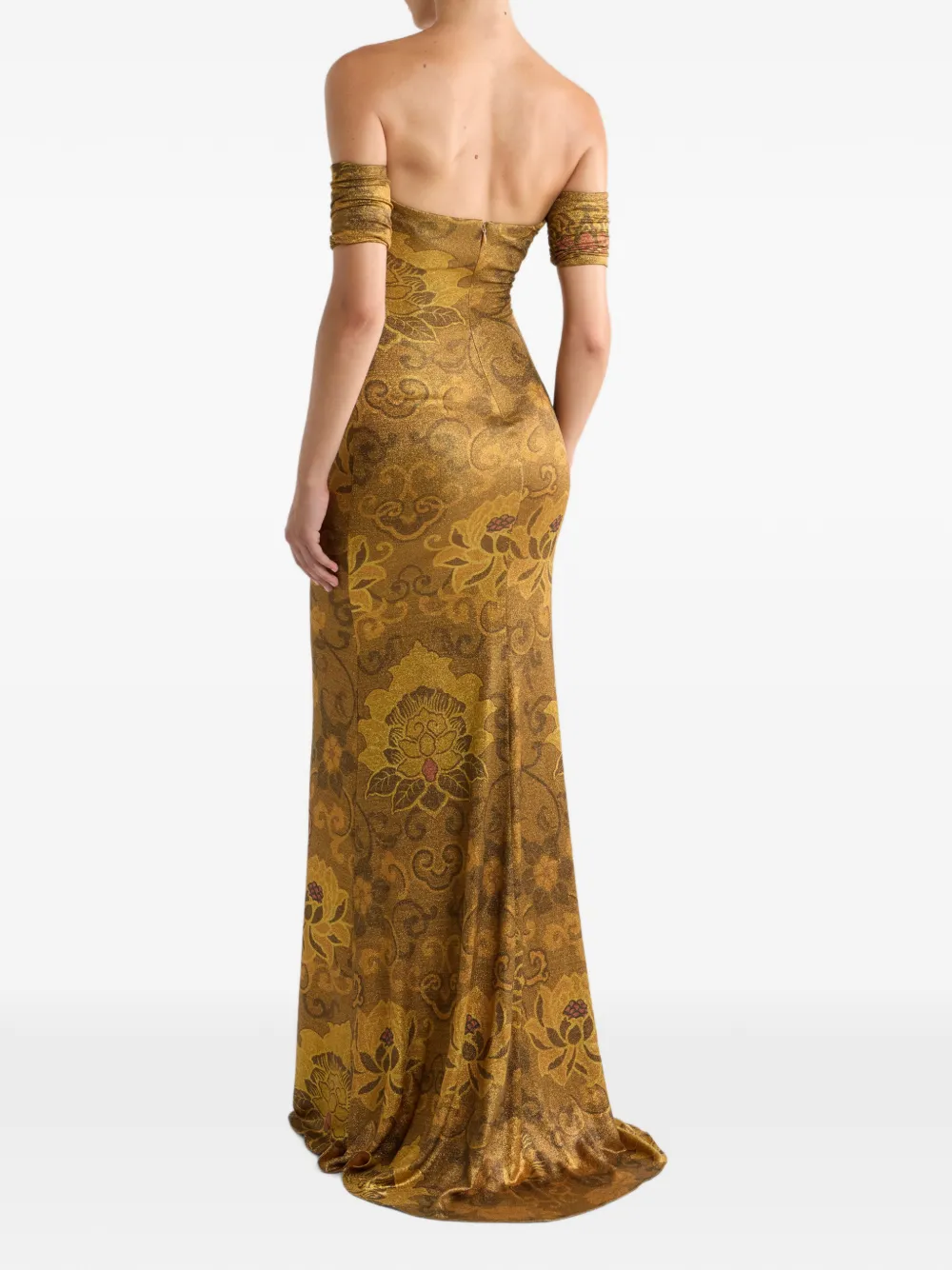 ETRO long metallic jersey dress with open shoulders and floral motif Goud