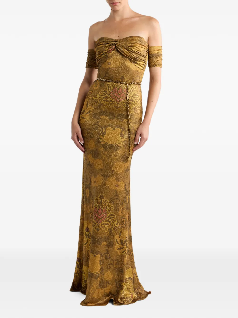 ETRO long metallic jersey dress with open shoulders and floral motif Goud