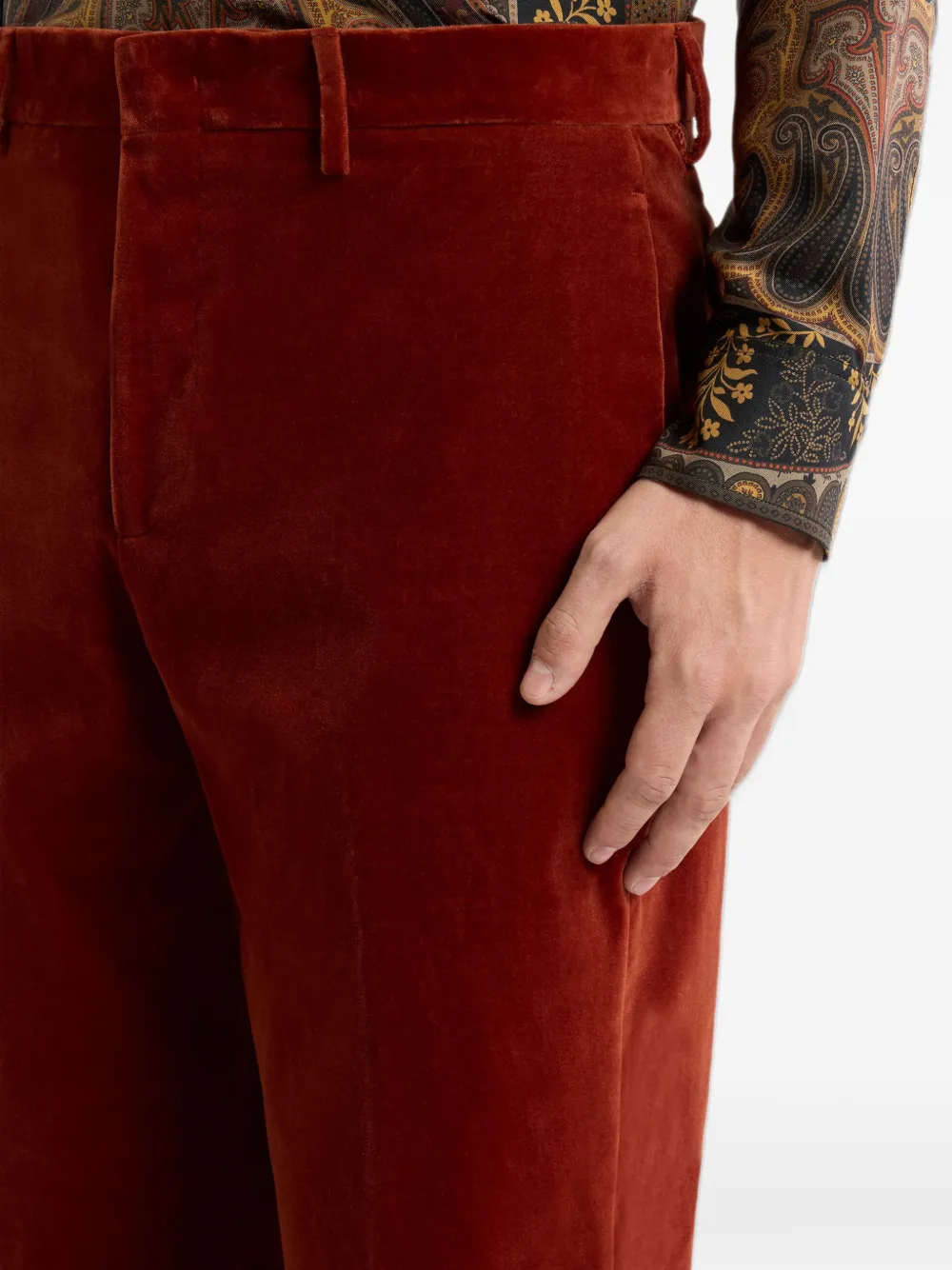 ETRO plain-coloured straight-leg cotton velvet trousers Rood