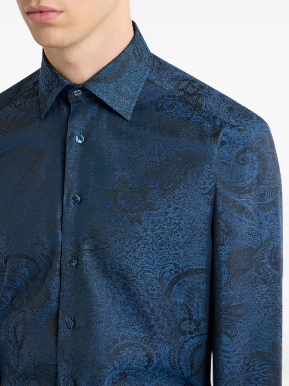 ETRO cotton jacquard shirt with paisley foliage-motif Blauw