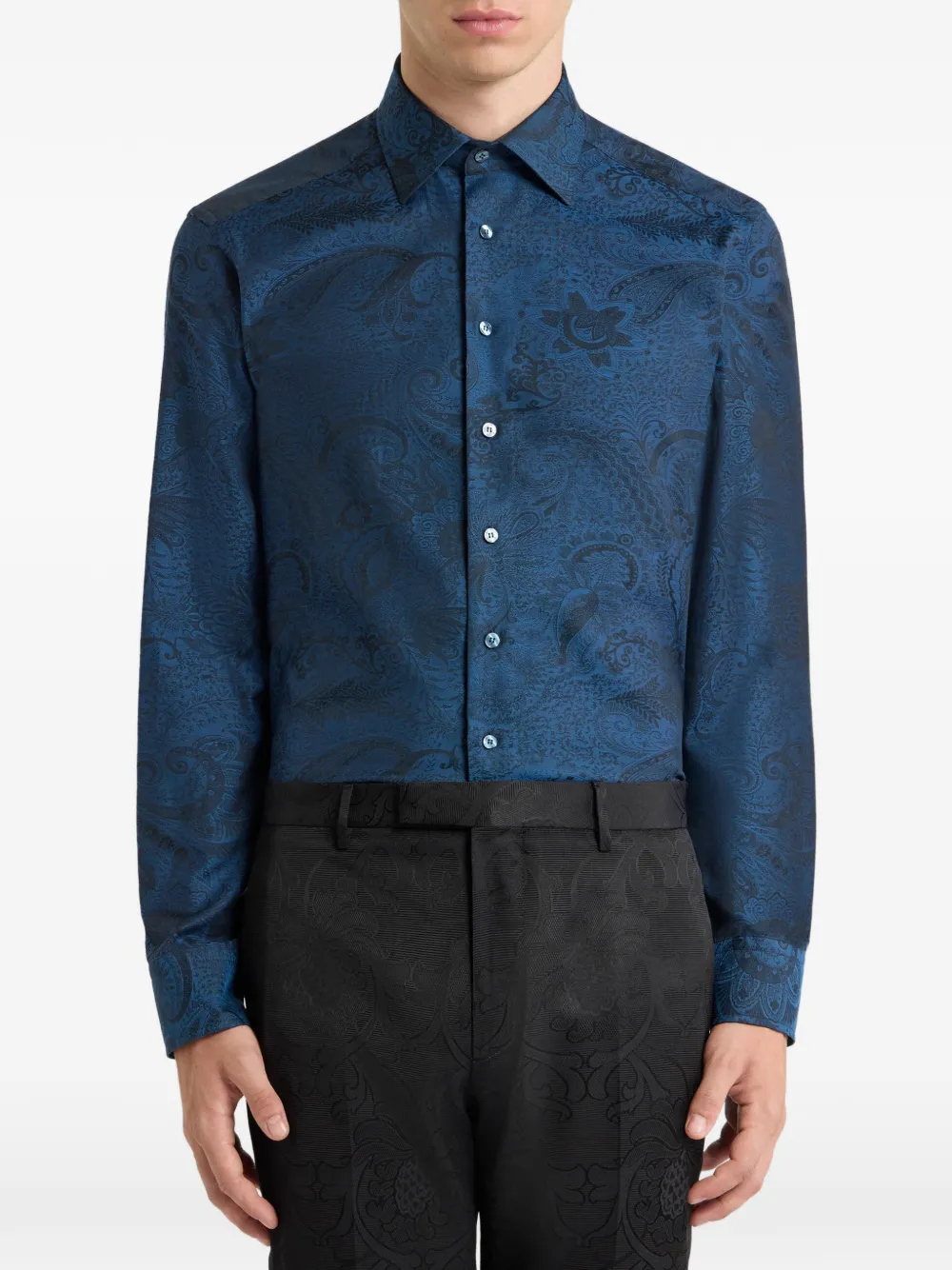 ETRO cotton jacquard shirt with paisley foliage-motif Blauw