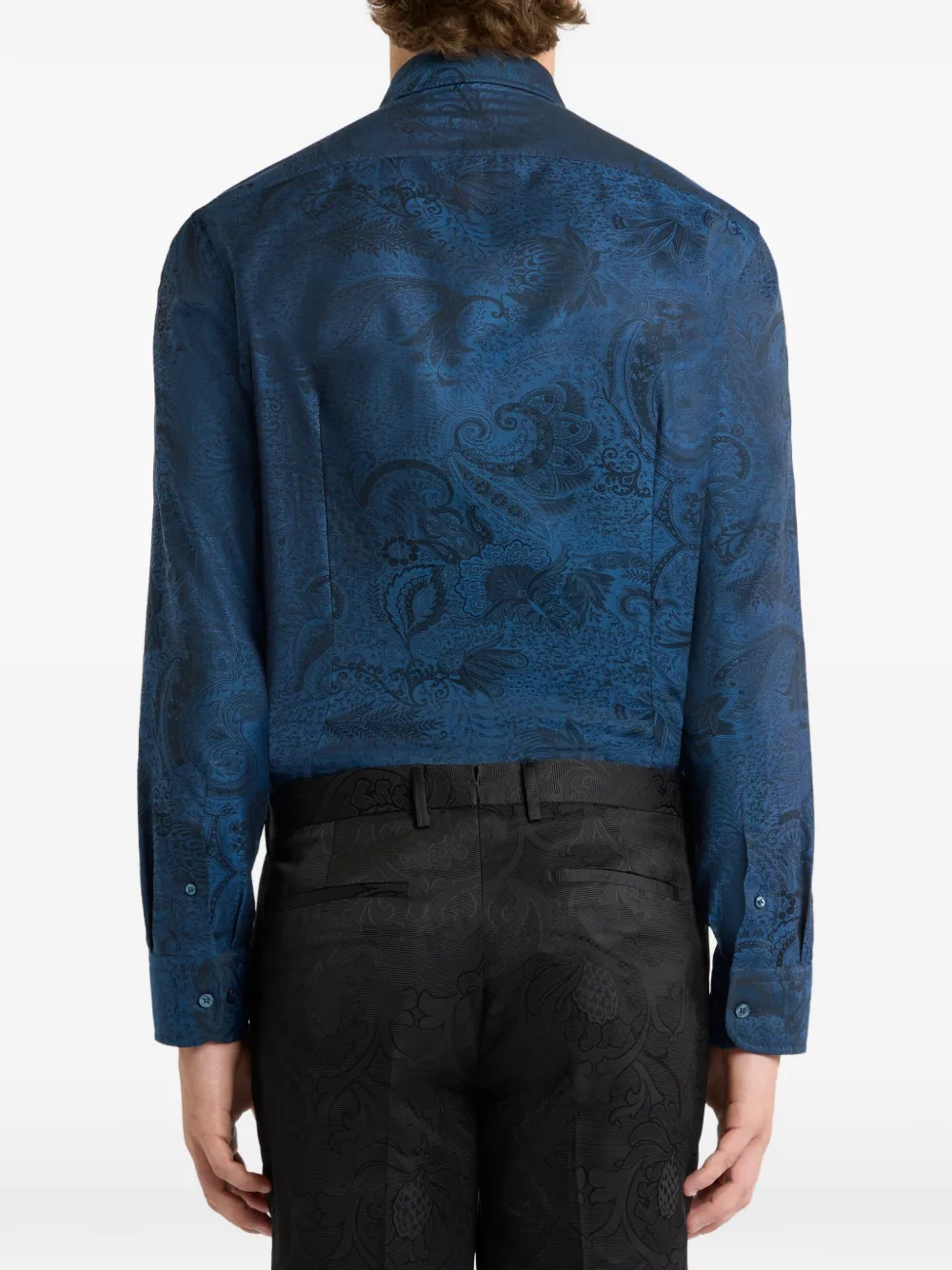 ETRO cotton jacquard shirt with paisley foliage-motif Blauw