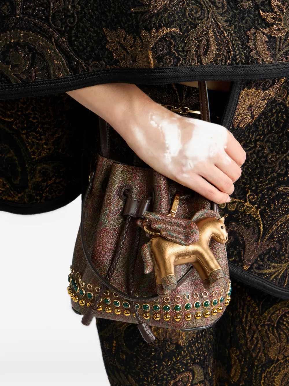 ETRO Pegaso laminated leather bag charm Goud