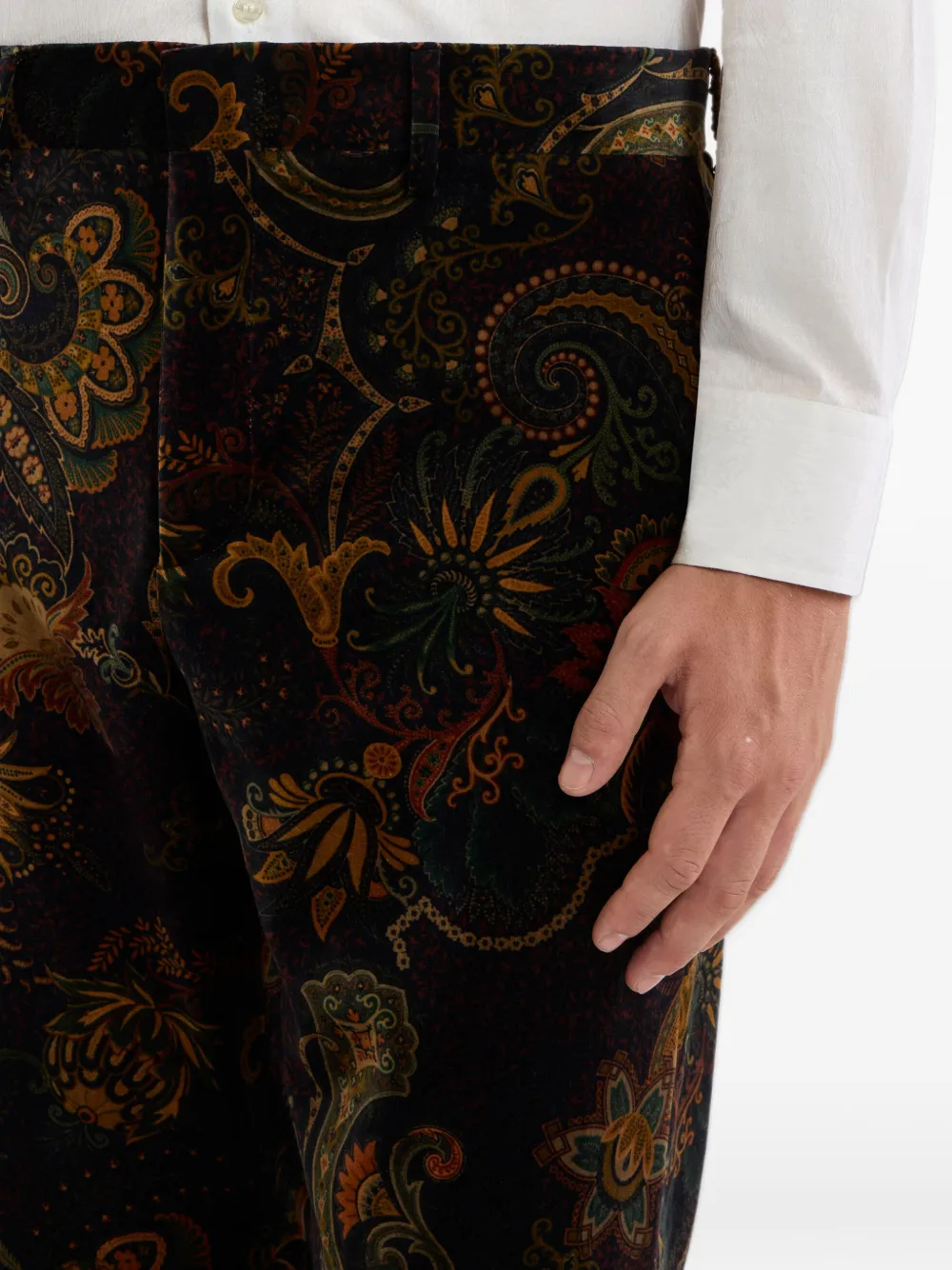 ETRO straight-leg cotton velvet trousers with floral paisley motif Zwart