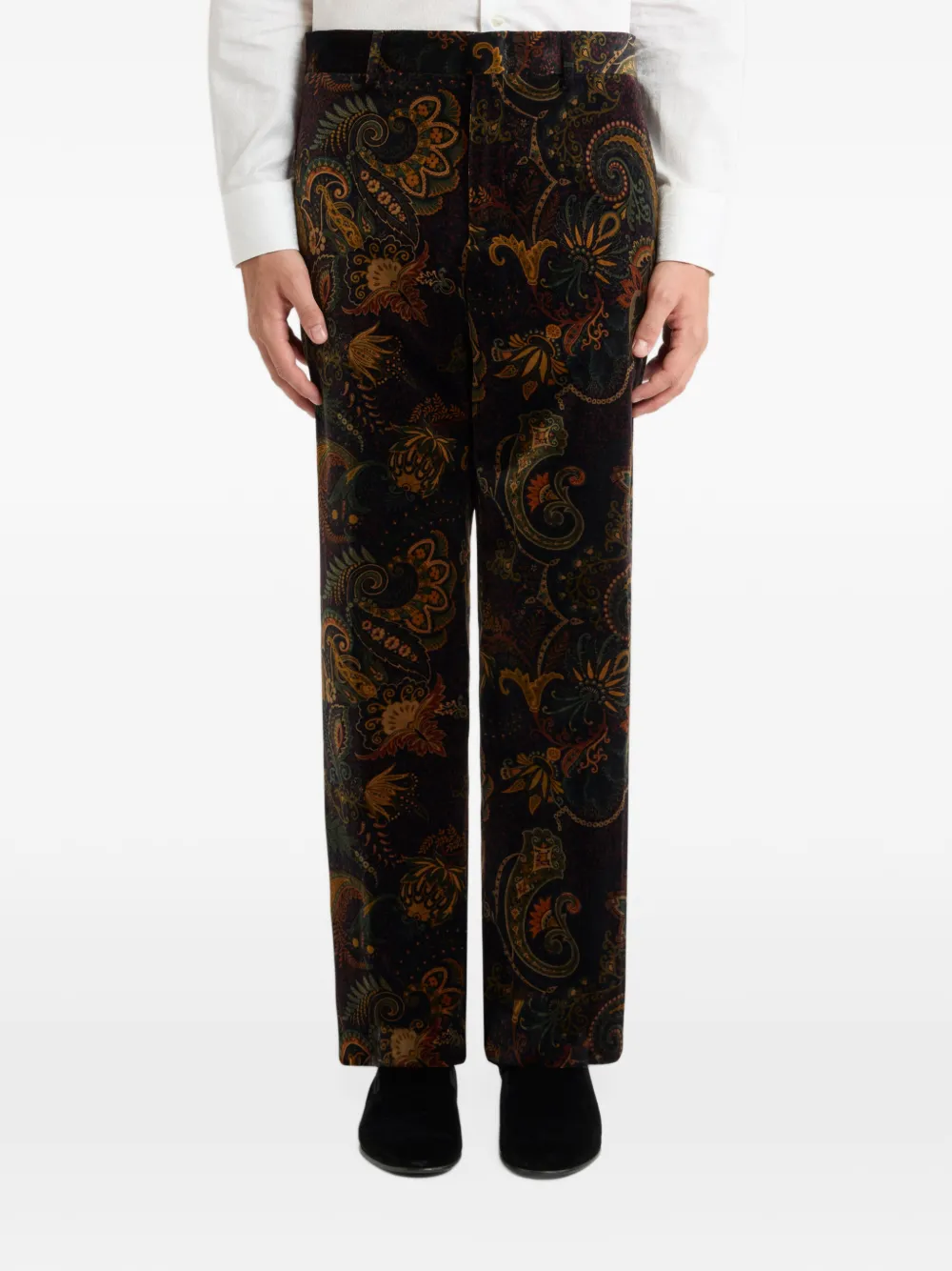ETRO straight-leg cotton velvet trousers with floral paisley motif Zwart