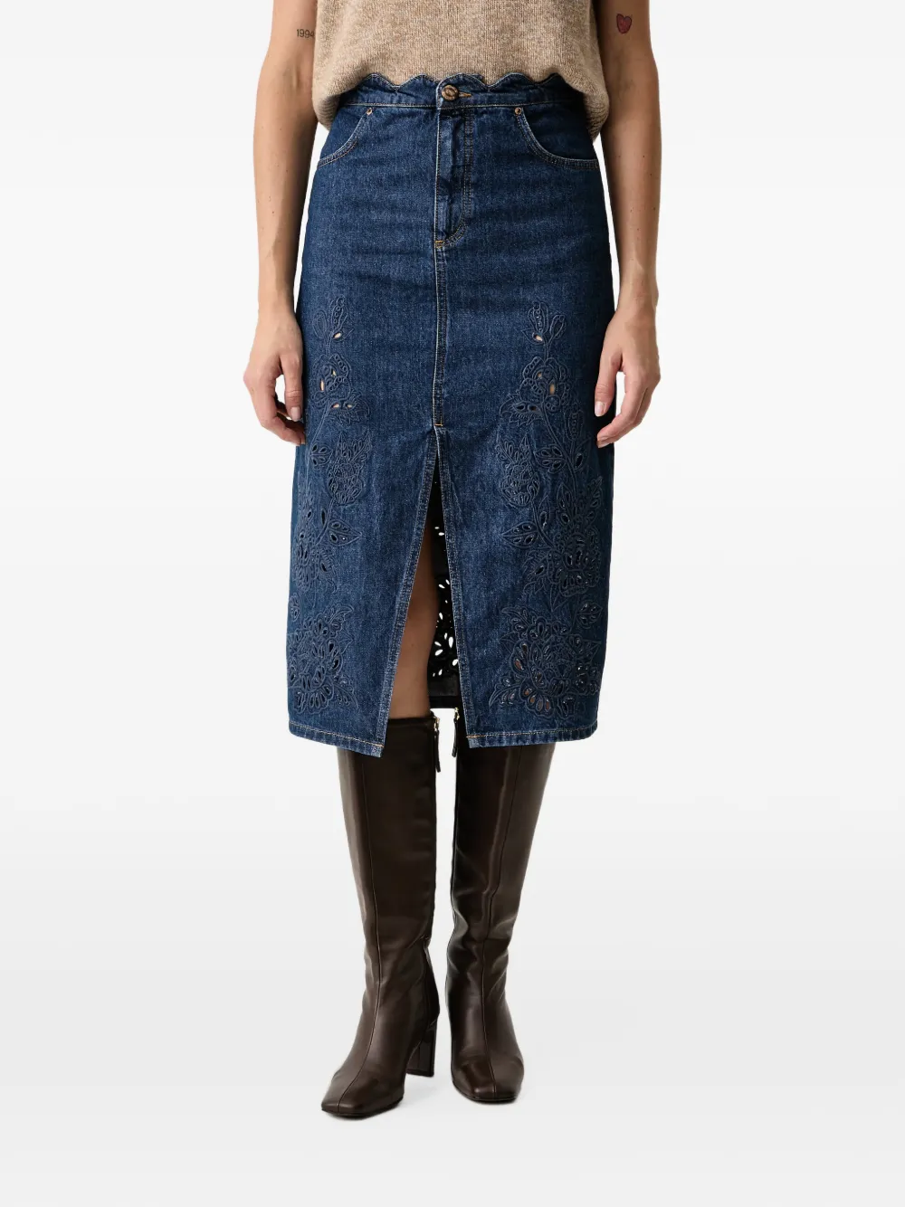 FARM Rio Richelieu front slit denim midi skirt - Blu