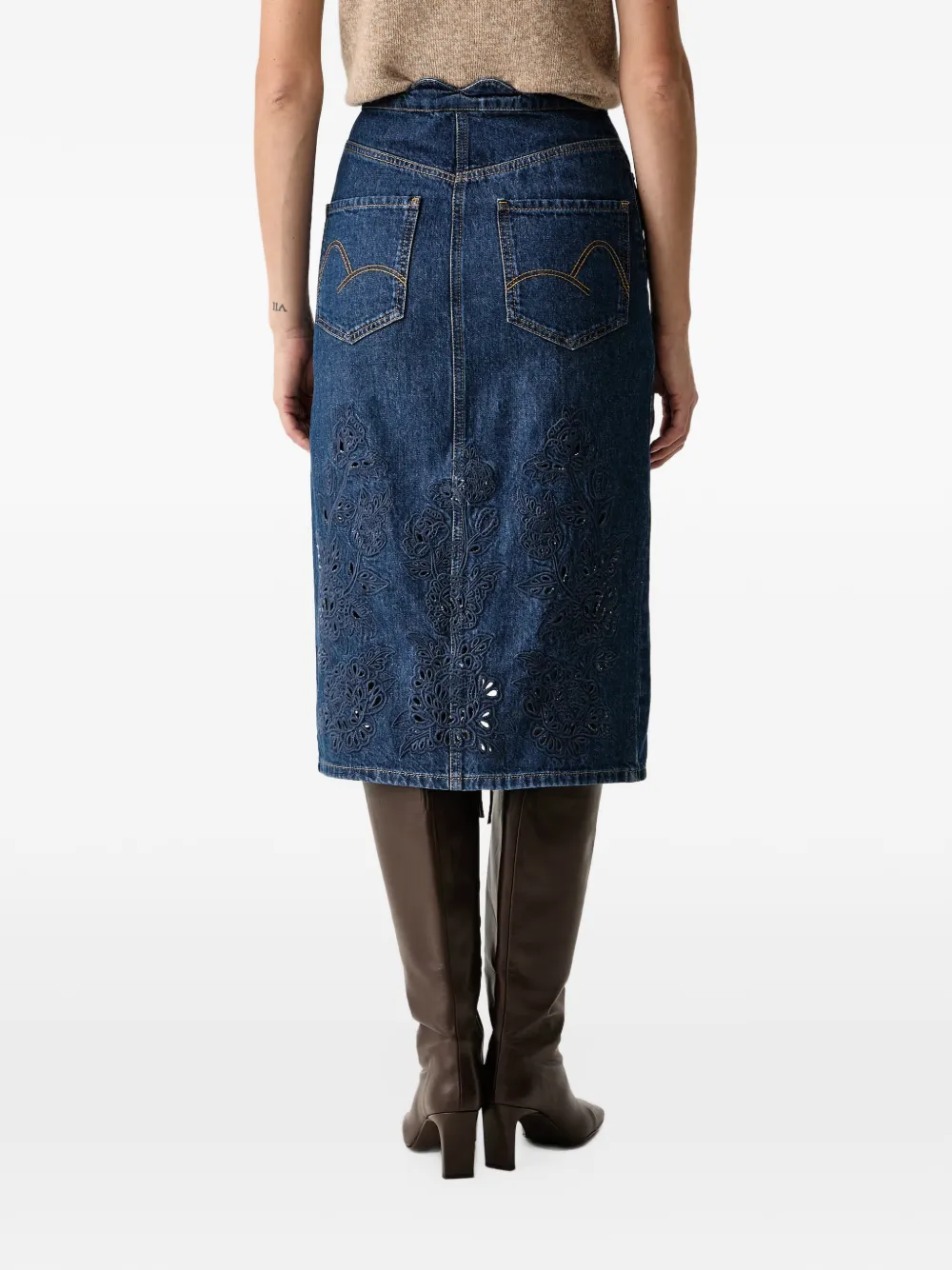 FARM Rio Richelieu front slit denim midi skirt Blauw