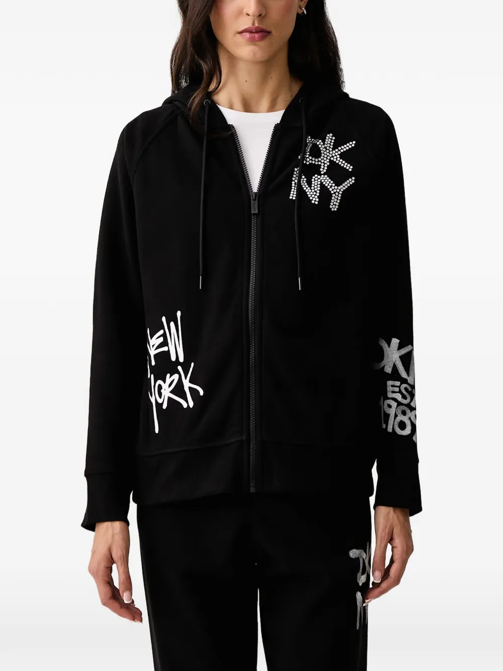 DKNY logo-print rhinestone-embellished hoodie Zwart