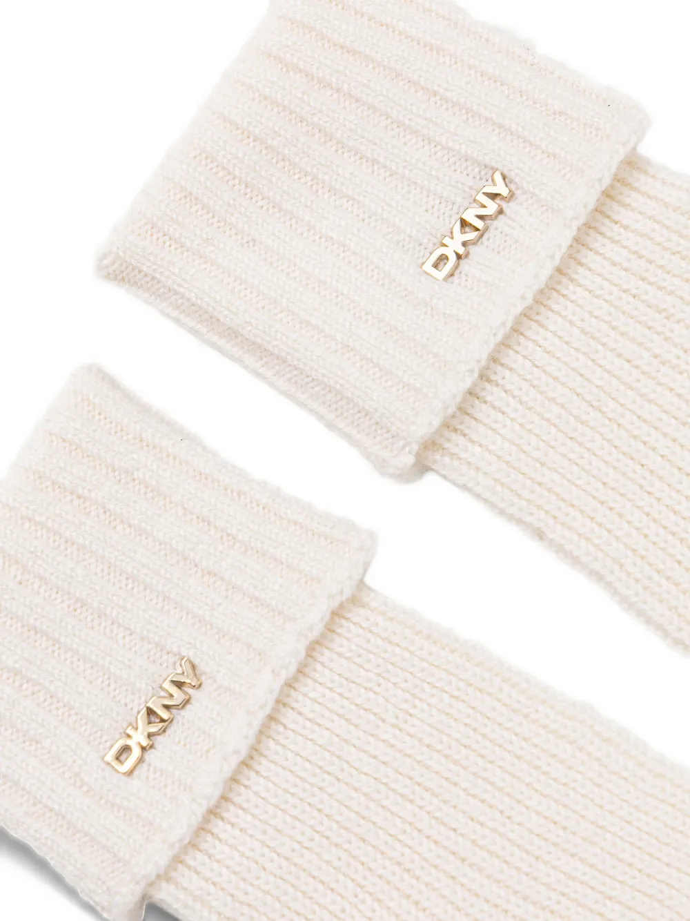 DKNY logo-plaque ribbed-knit gloves Beige
