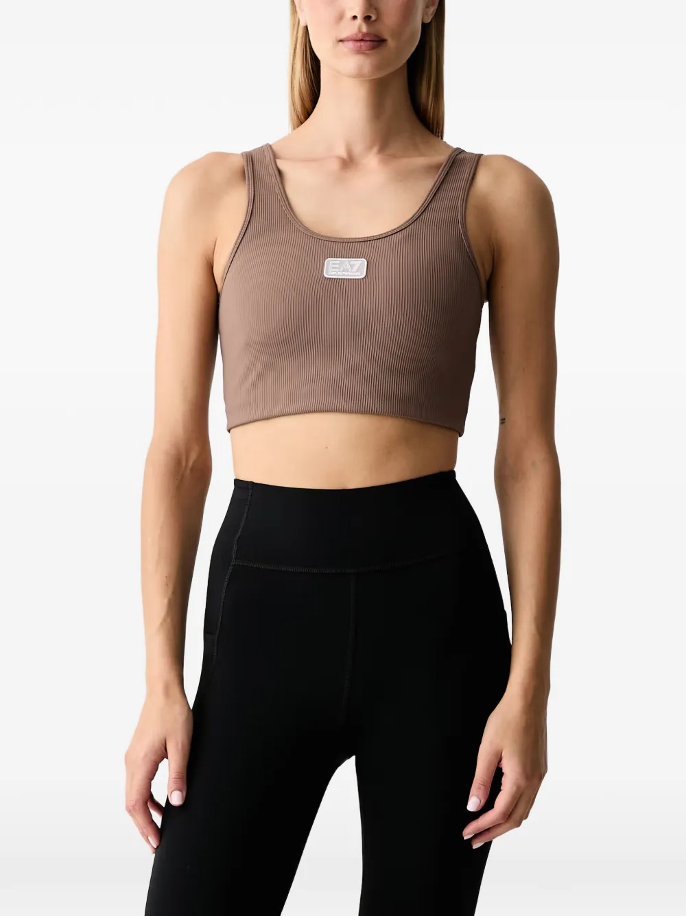 Ea7 Emporio Armani Geribbelde sport-bh met logo-patch Bruin