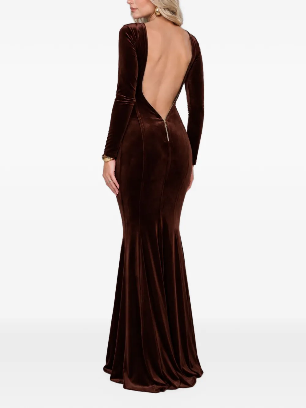 ROSERRY Melbourne open-back velvet bodycon maxi gown dress Bruin