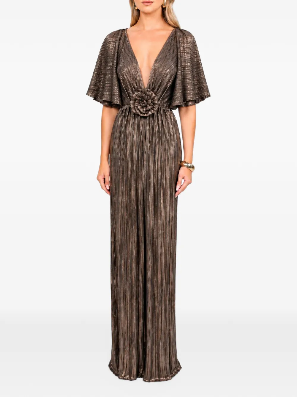 ROSERRY Florence pleated floral-appliqué maxi dress Bruin