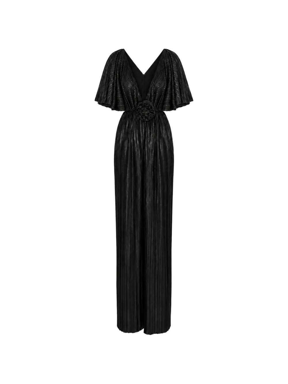 ROSERRY Florence pleated floral-appliqué maxi dress Zwart