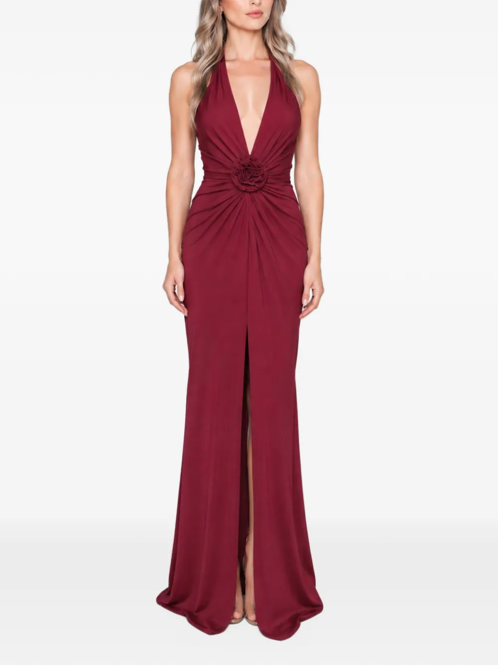 ROSERRY Mallorca floral-appliqué halterneck fitted maxi gown dress Rood