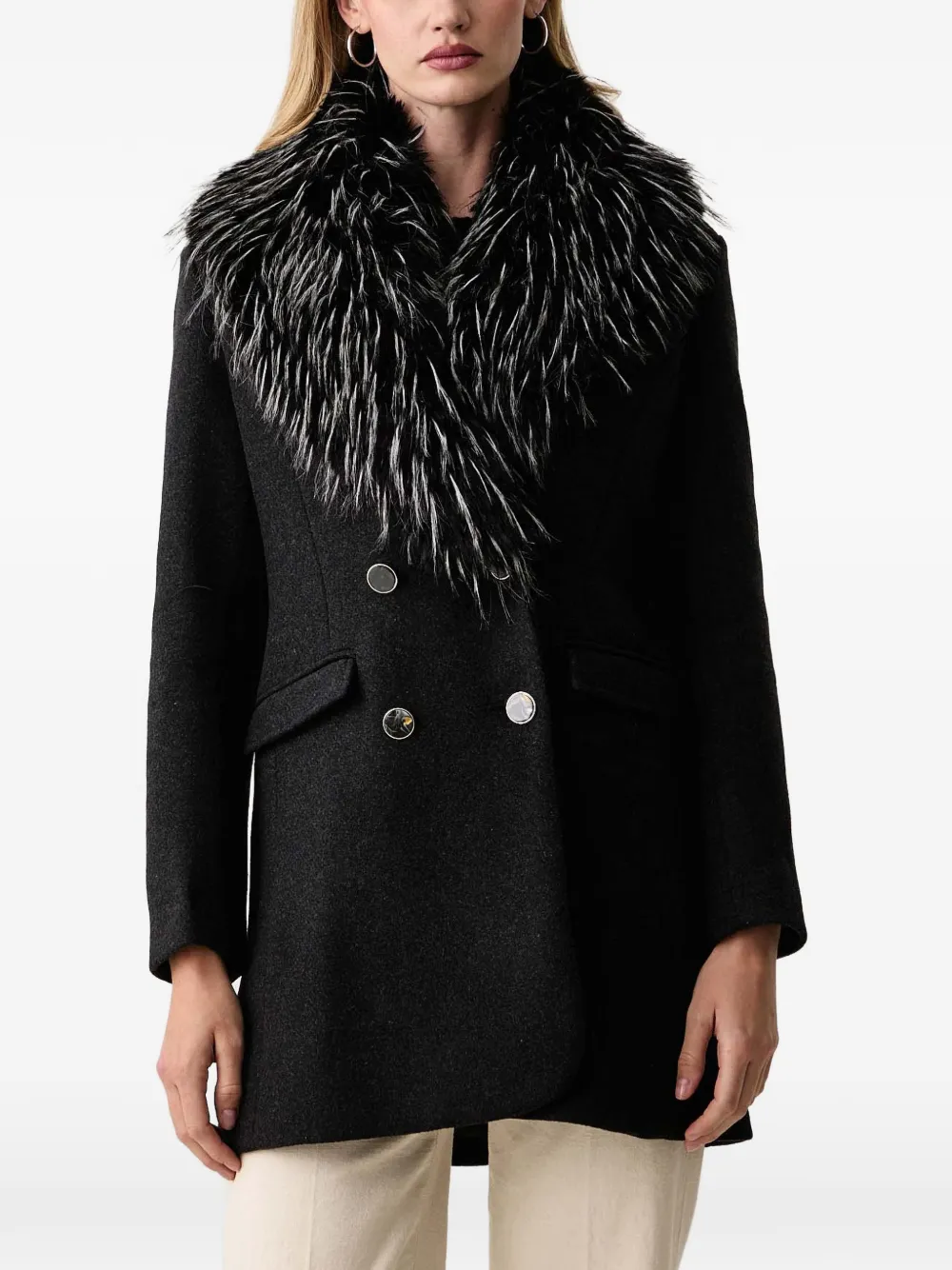 FRACOMINA faux-fur collar double-breasted coat - Grey