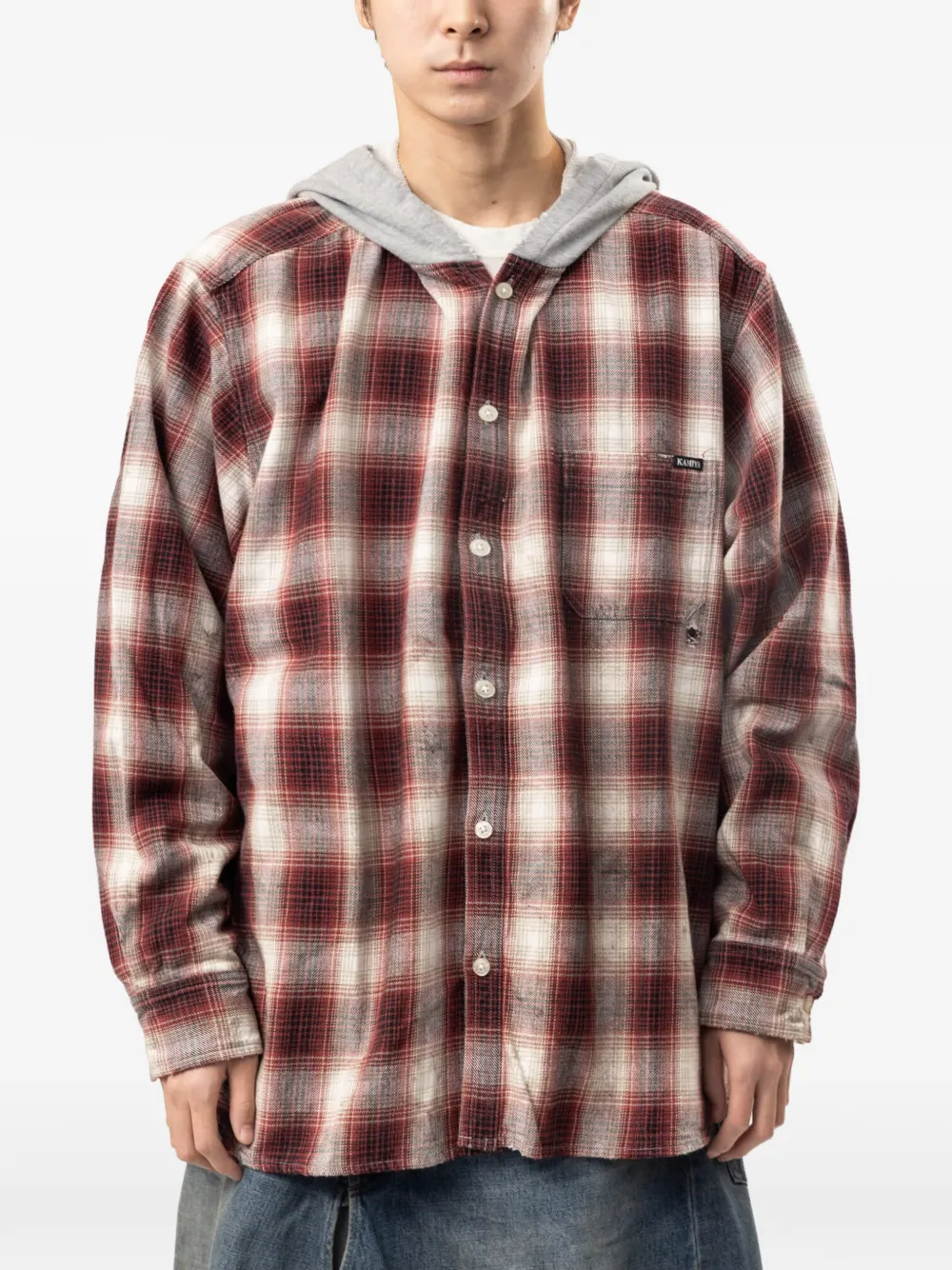 KAMIYA check hooded shirt - Rosso