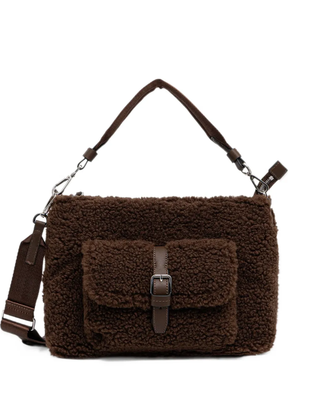 Marc O'Polo small Caren buckle-detail faux-shearling shoulder bag Bruin
