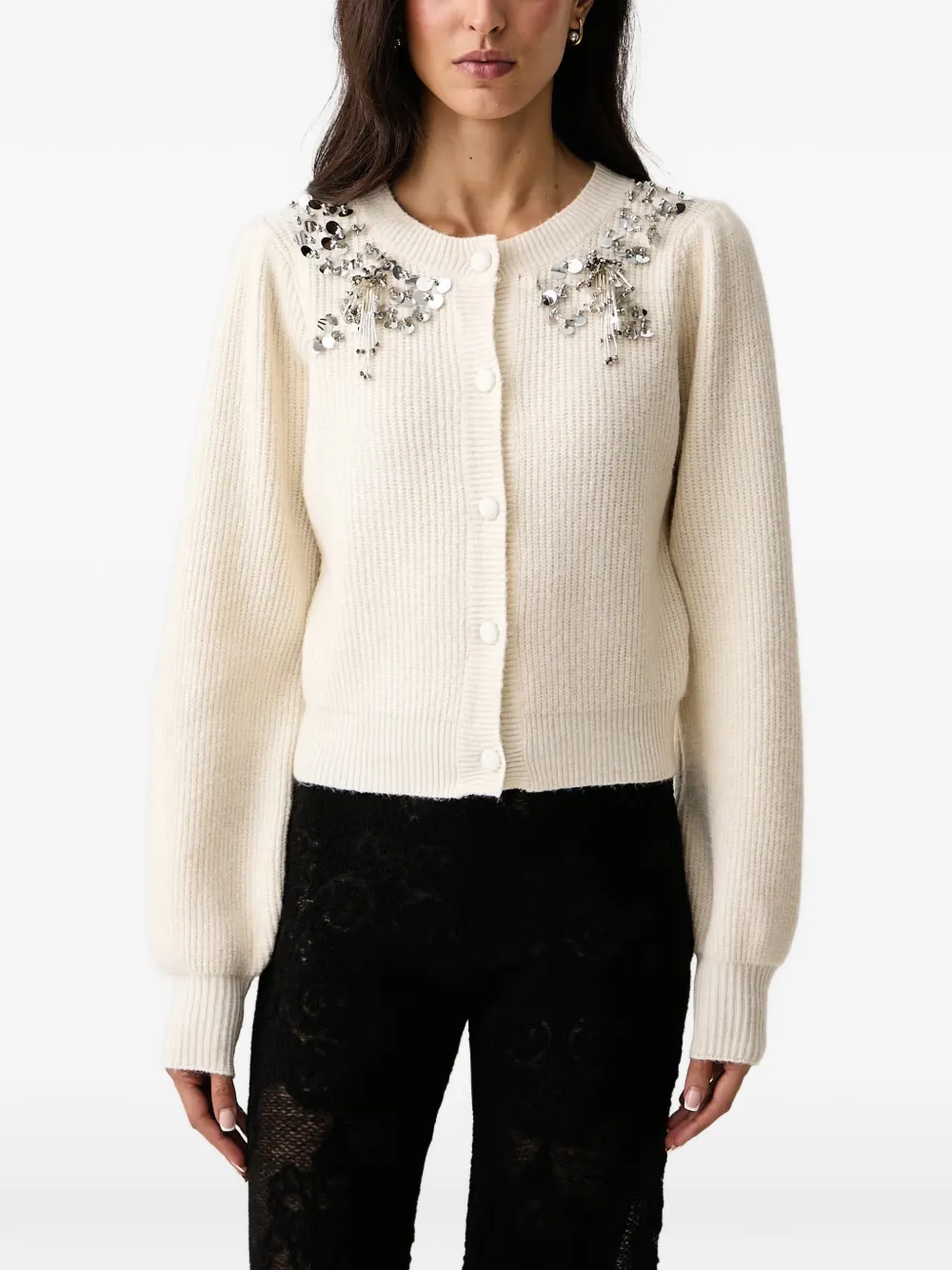 FRACOMINA sequin-embellished ribbed-knit cardigan Beige