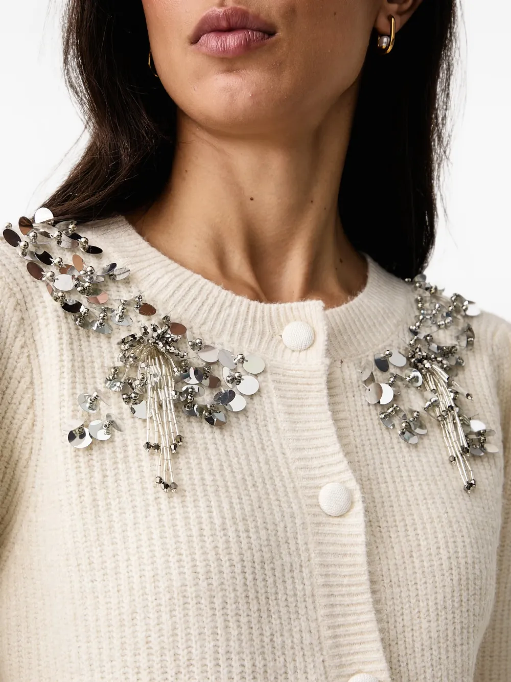 FRACOMINA sequin-embellished ribbed-knit cardigan Beige
