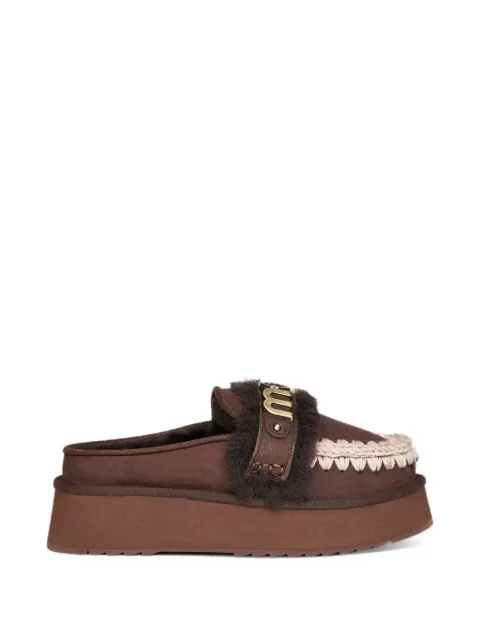 Mou crochet-stitch sheepskin platform mules