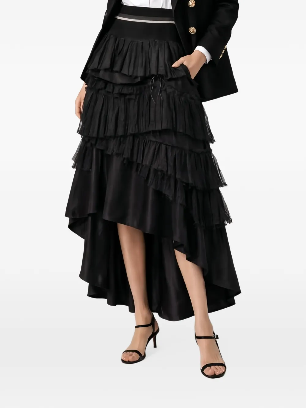 NARCISS asymmetric layered ruffle midi skirt - Nero