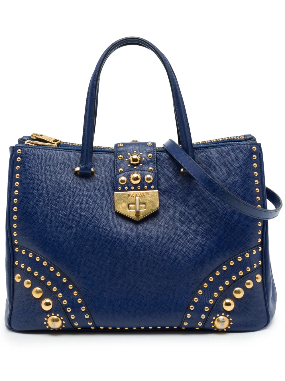 Prada Pre-Owned 2010-2026 Saffiano Turnlock Double Zip Studded Tote satchel - Blue