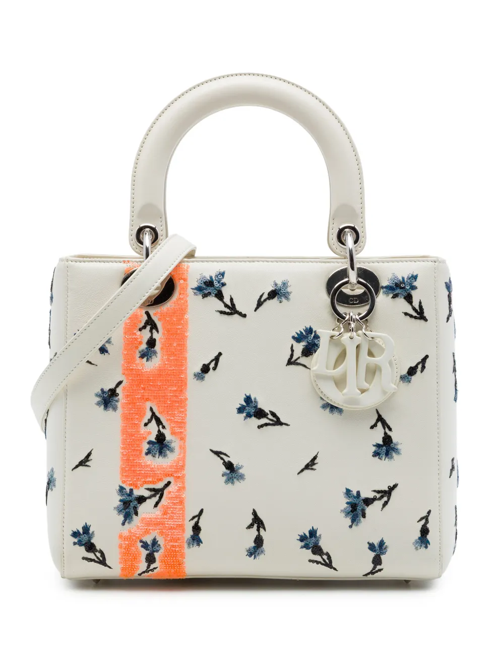 Christian Dior Pre-Owned 2015 Medium Lambskin Floral Sequin Lady Dior satchel - White