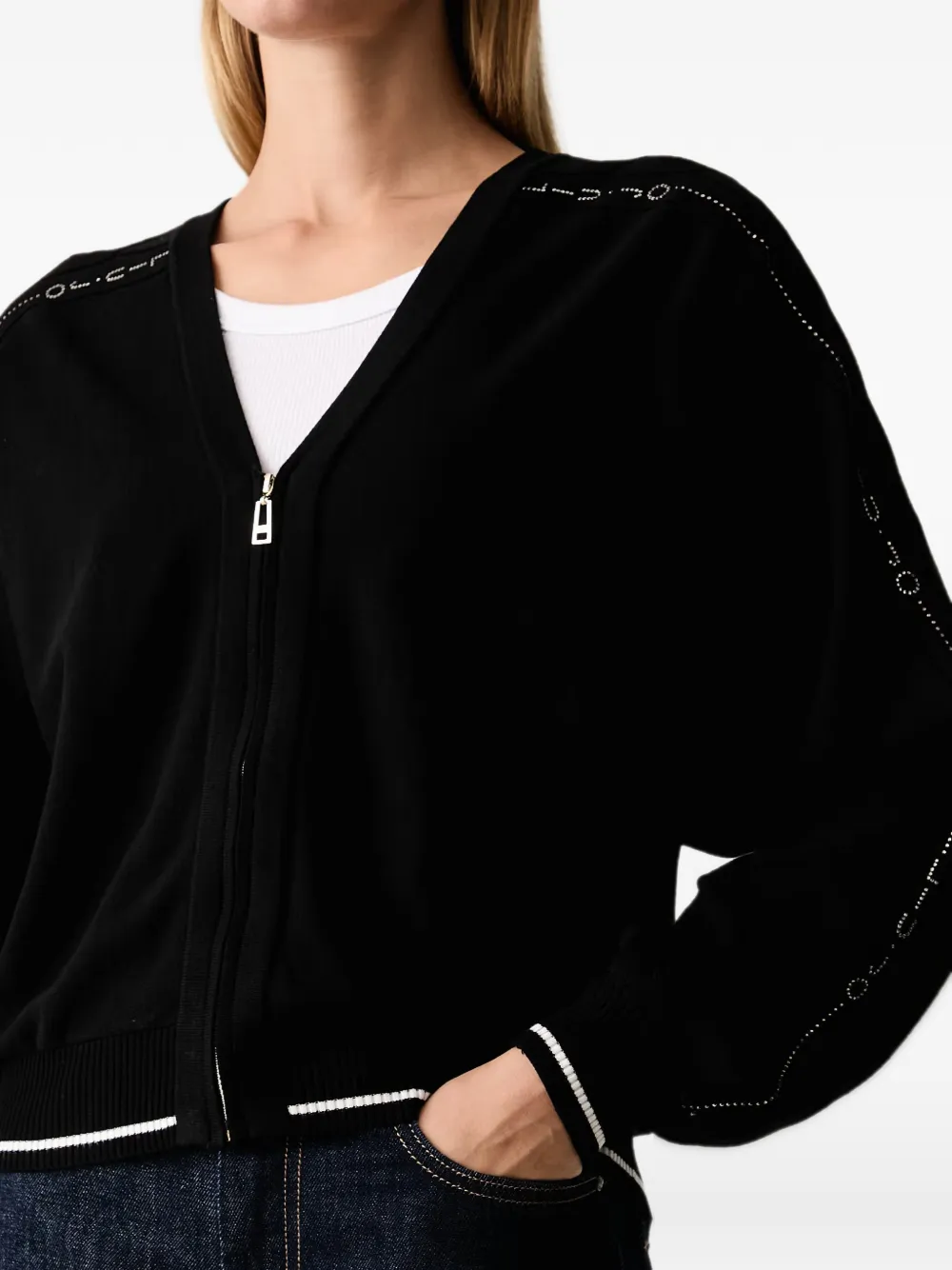 LIU JO rhinestone-embellished zip-up cardigan Zwart