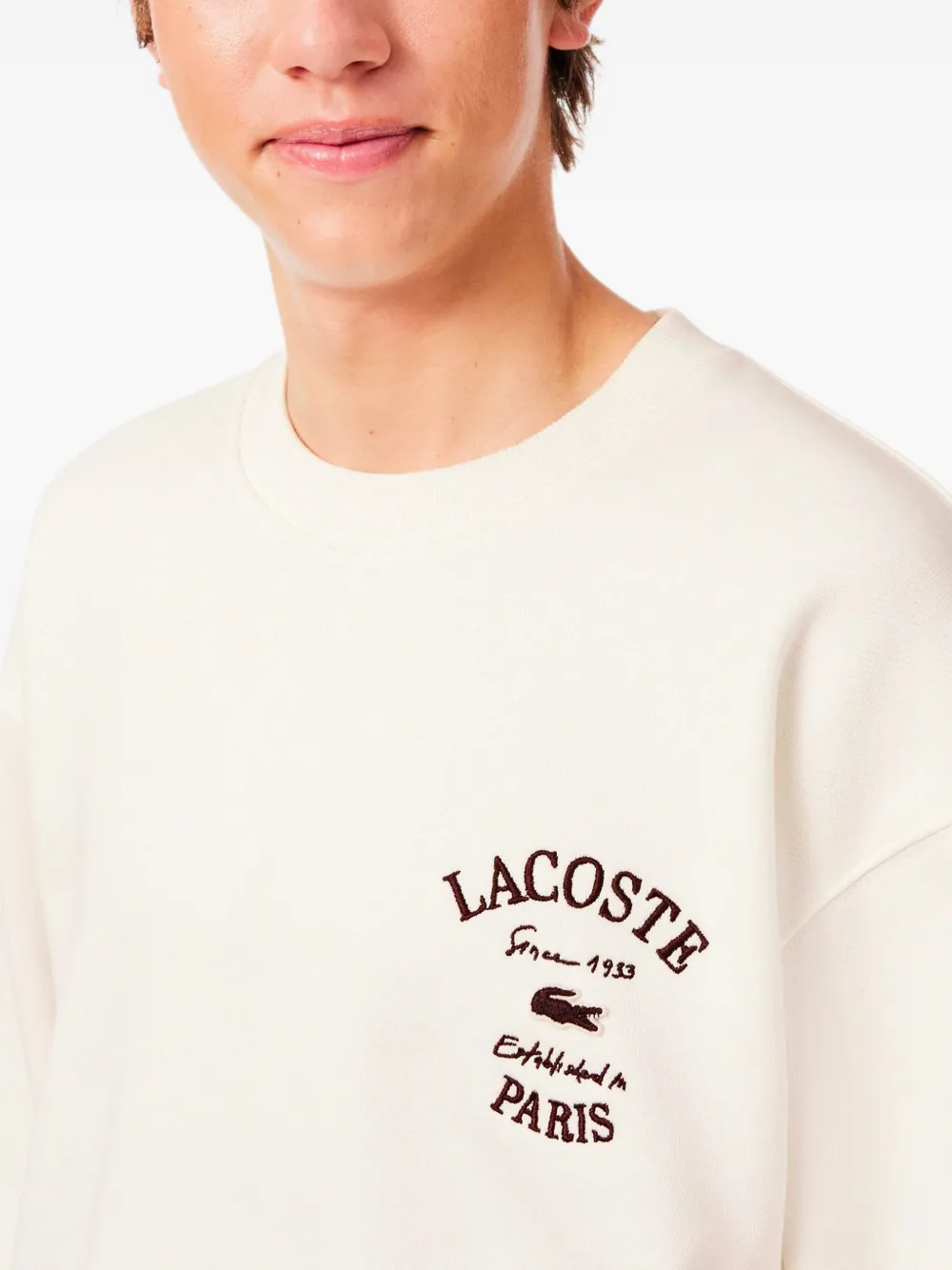 Lacoste embroidered fleece crew neck sweatshirt Beige