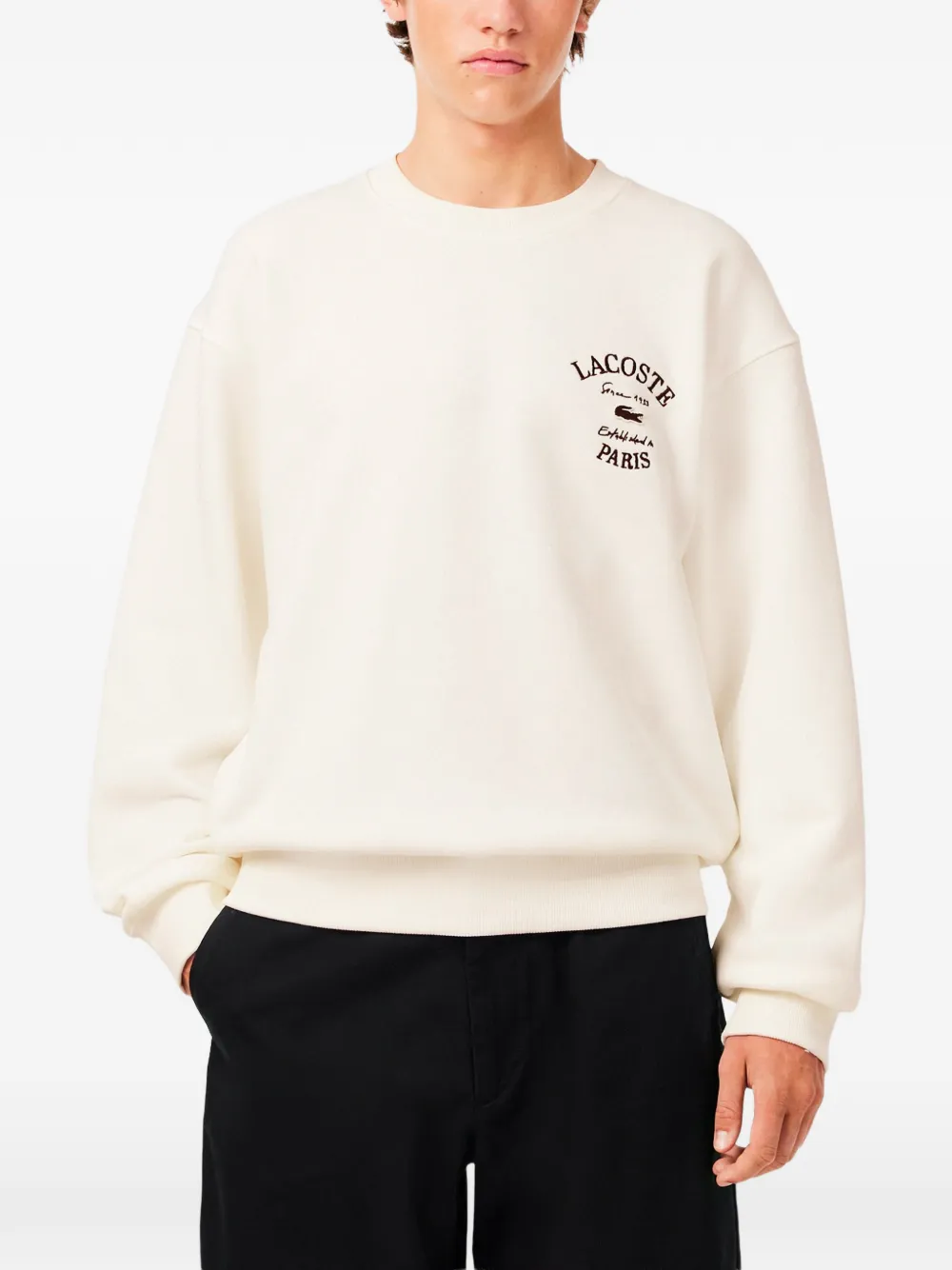 Lacoste embroidered fleece crew neck sweatshirt Beige