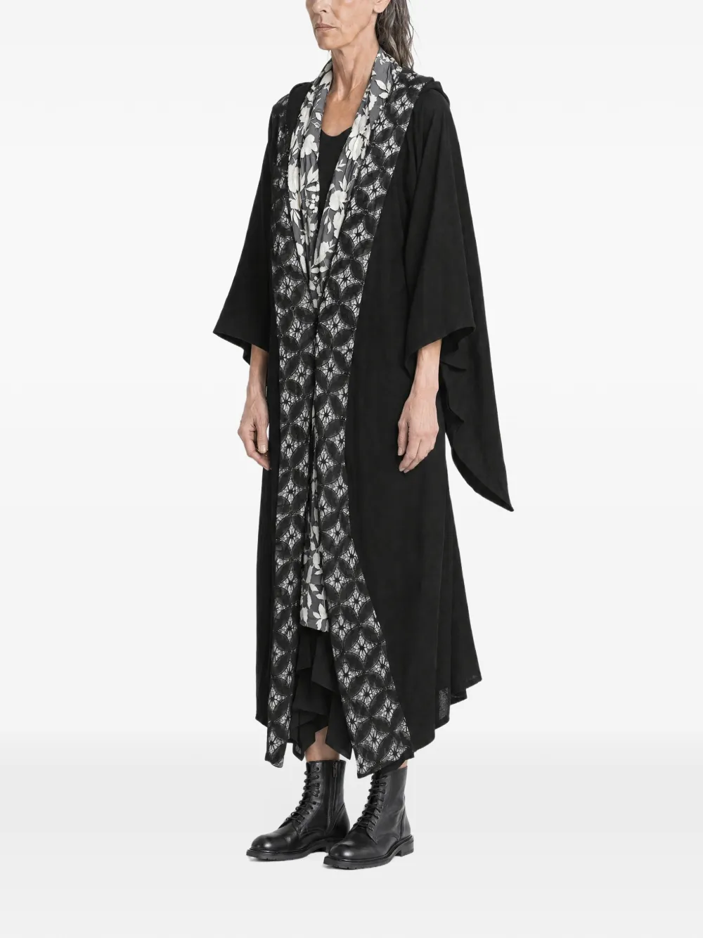 Yohji Yamamoto layered floral-print coat Zwart