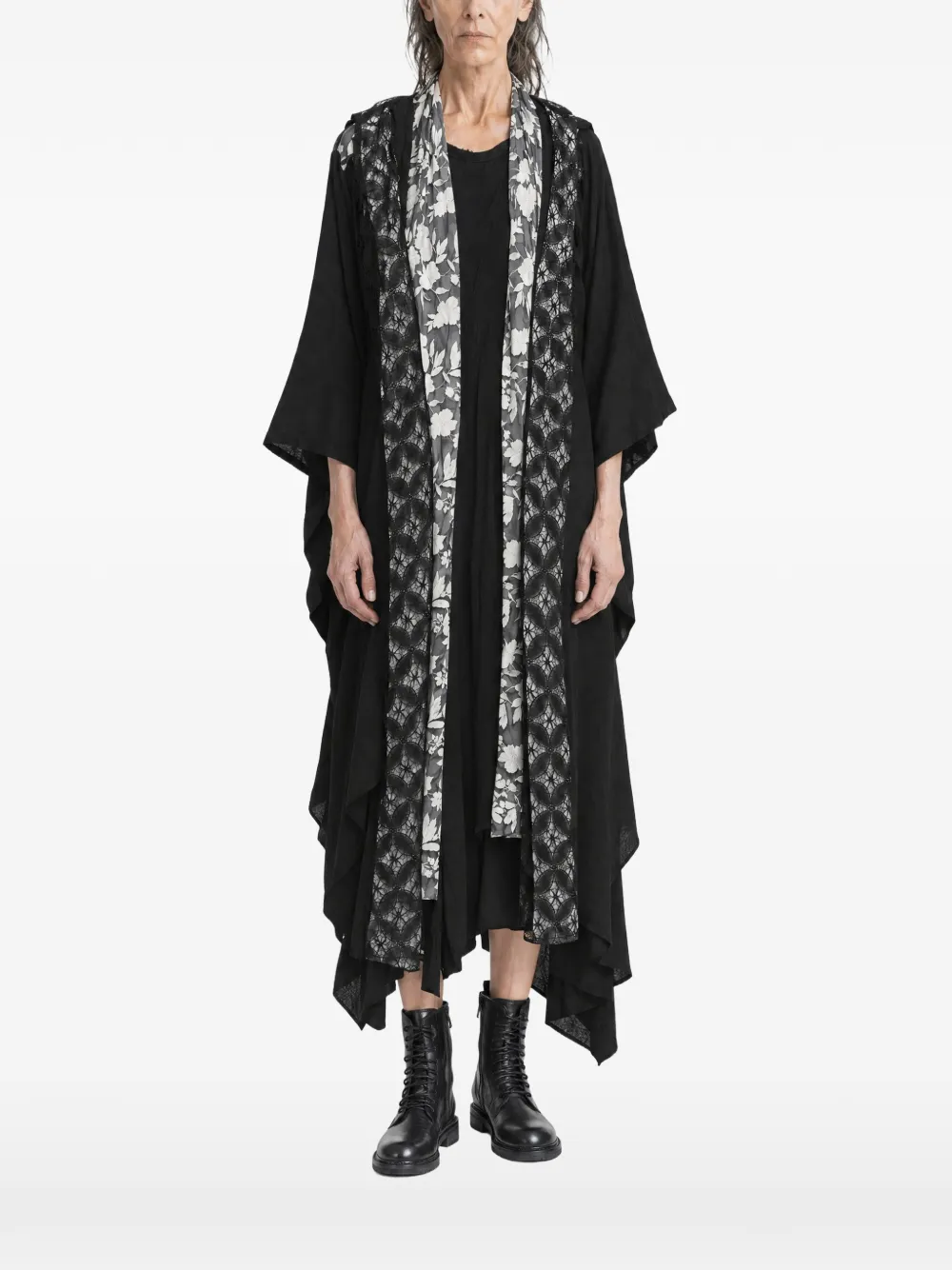 Yohji Yamamoto layered floral-print coat Zwart
