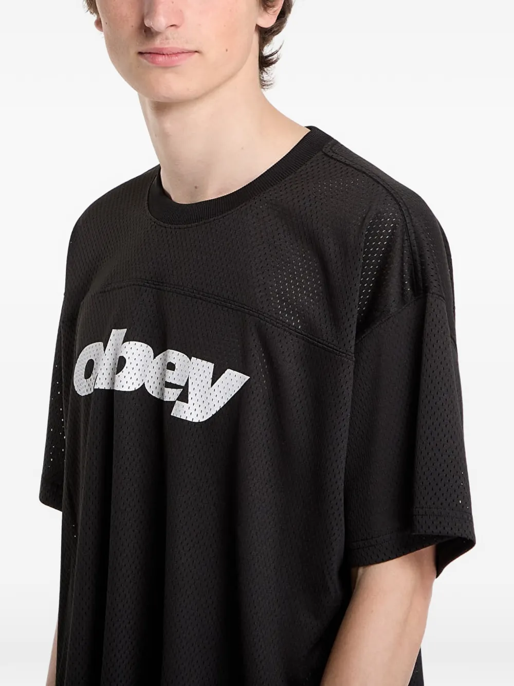 Obey logo-print mesh T-shirt Zwart