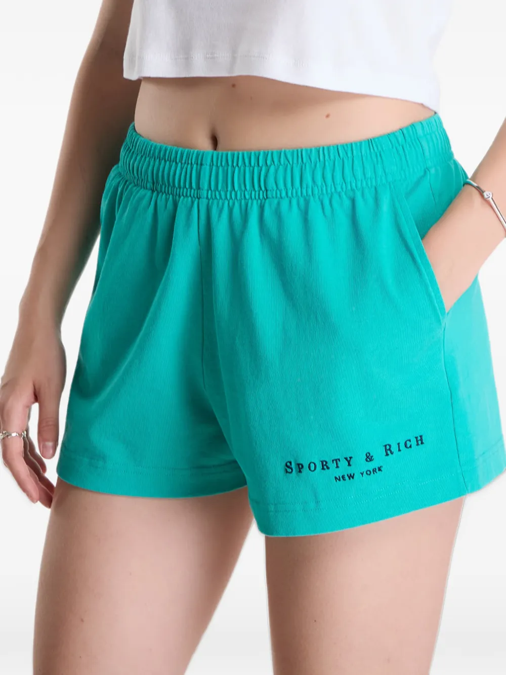 Sporty & Rich title embroidered disco shorts Blauw