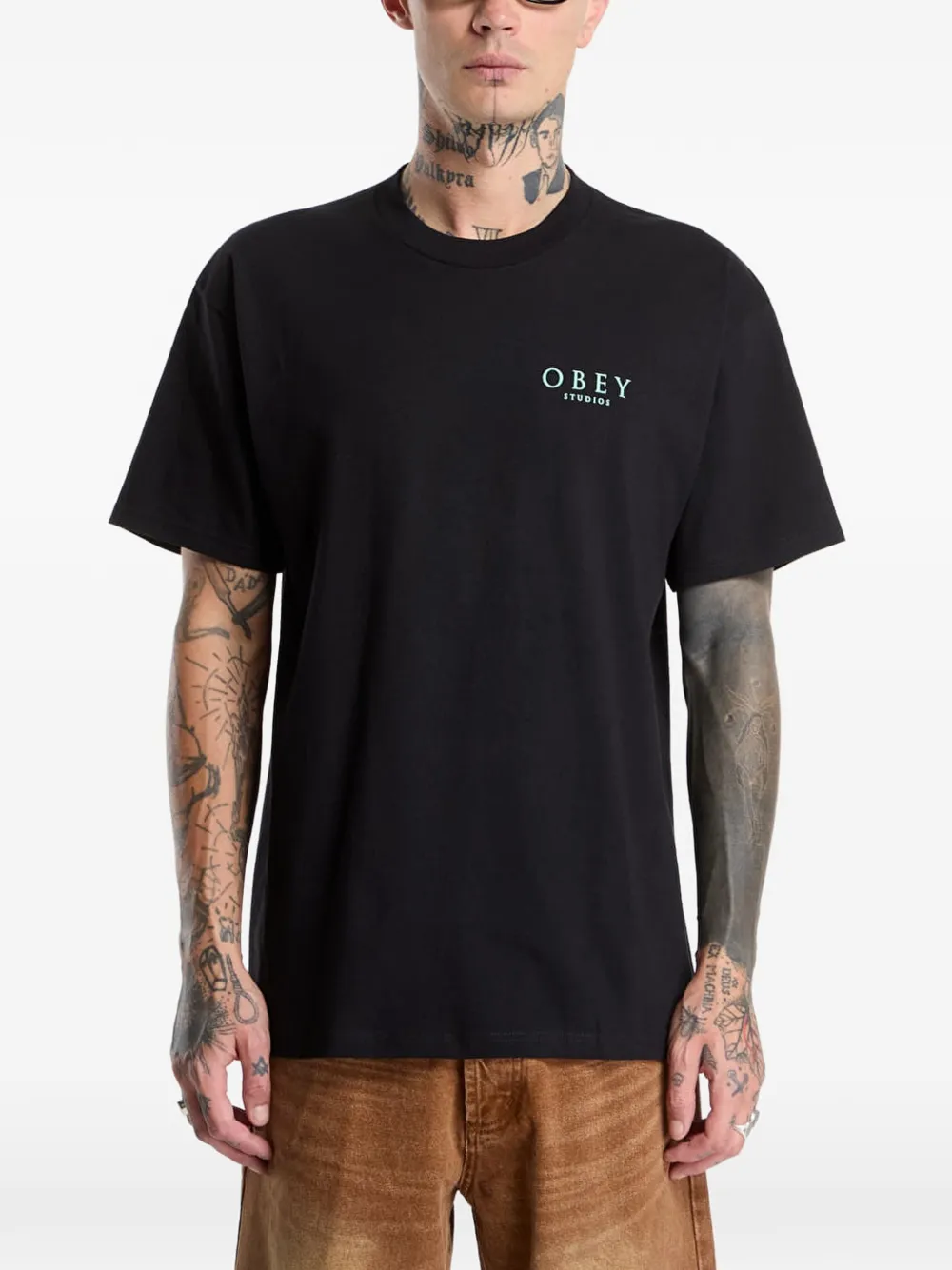 Obey logo-print floral-print T-shirt Zwart