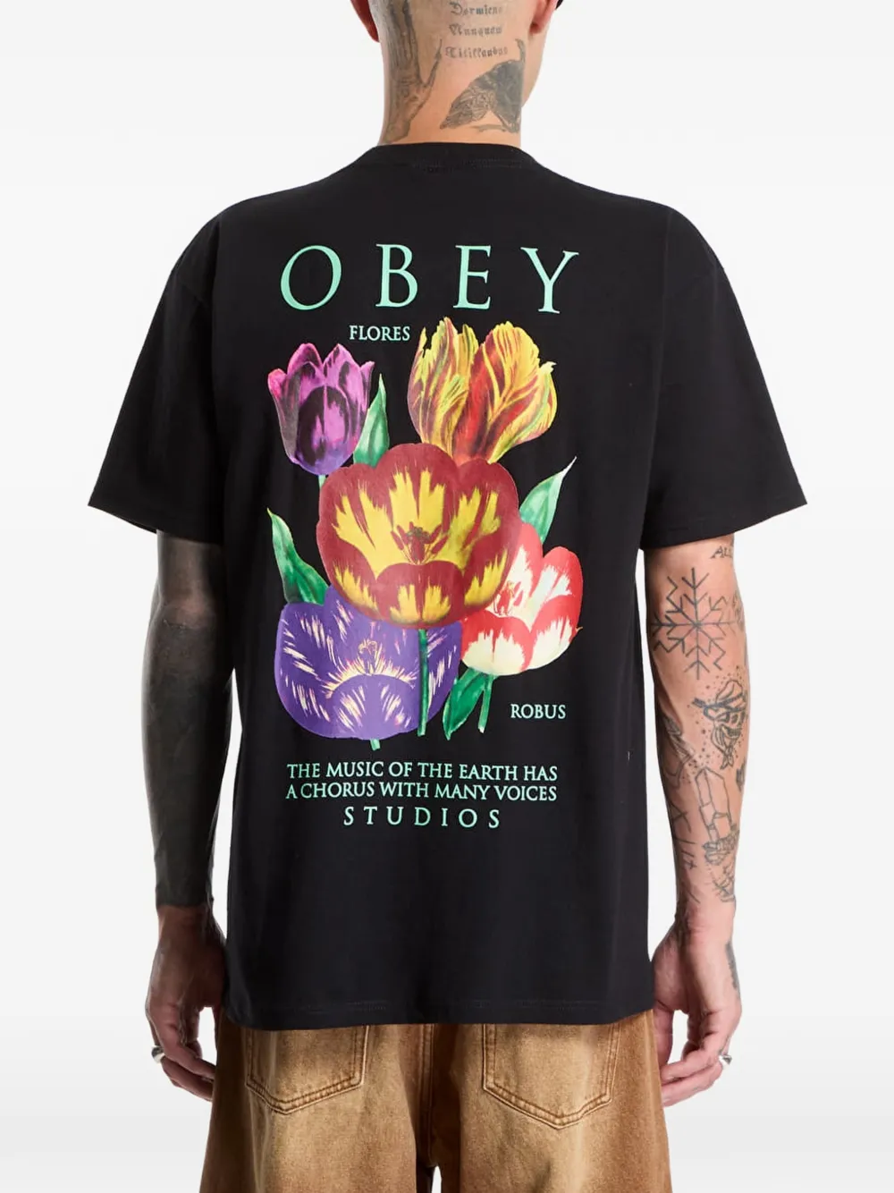 Obey logo-print floral-print T-shirt Zwart