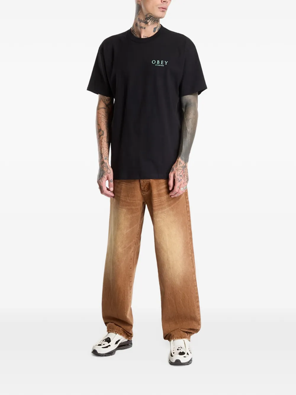 Obey logo-print floral-print T-shirt Zwart