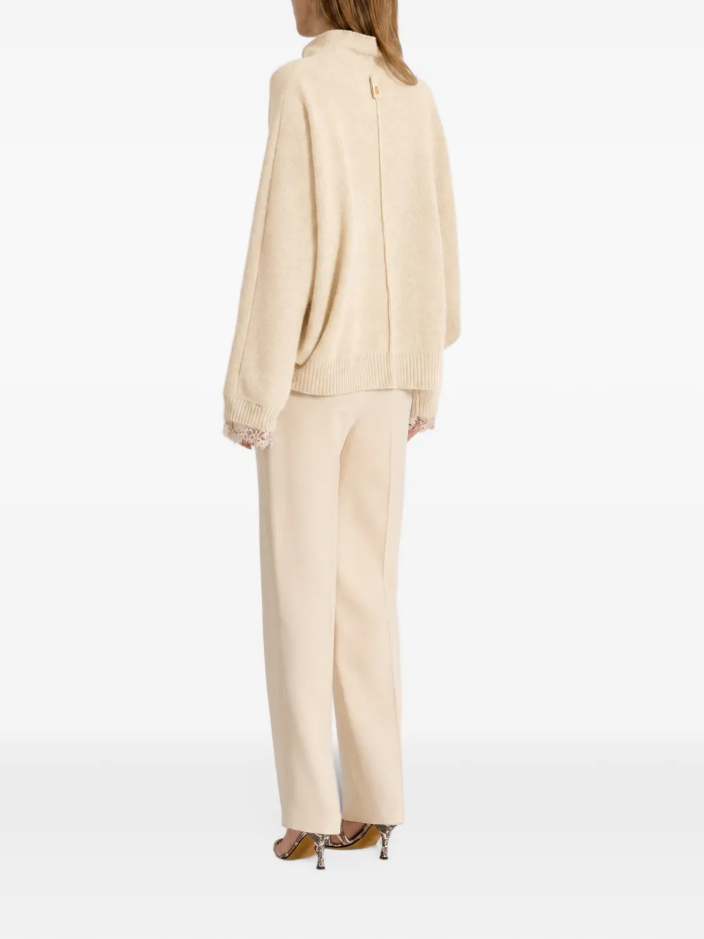 Alberta Ferretti lace-trim high-neck sweater Beige