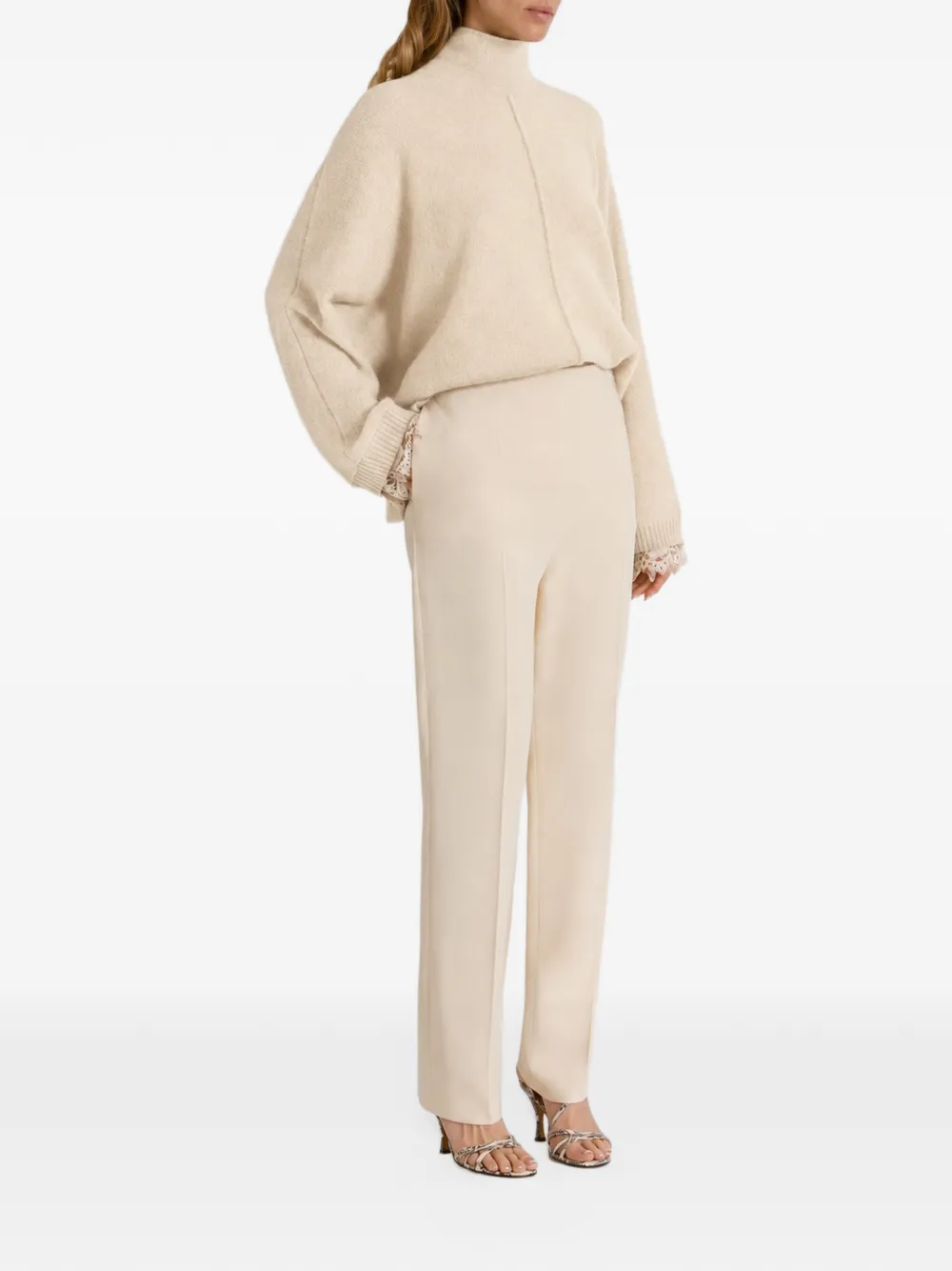 Alberta Ferretti lace-trim high-neck sweater Beige