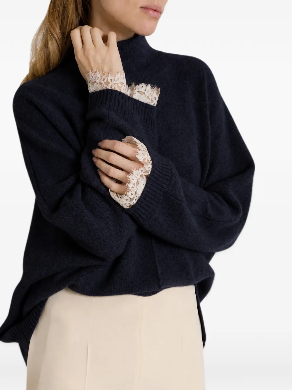 Alberta Ferretti lace-trim high-neck sweater Blauw
