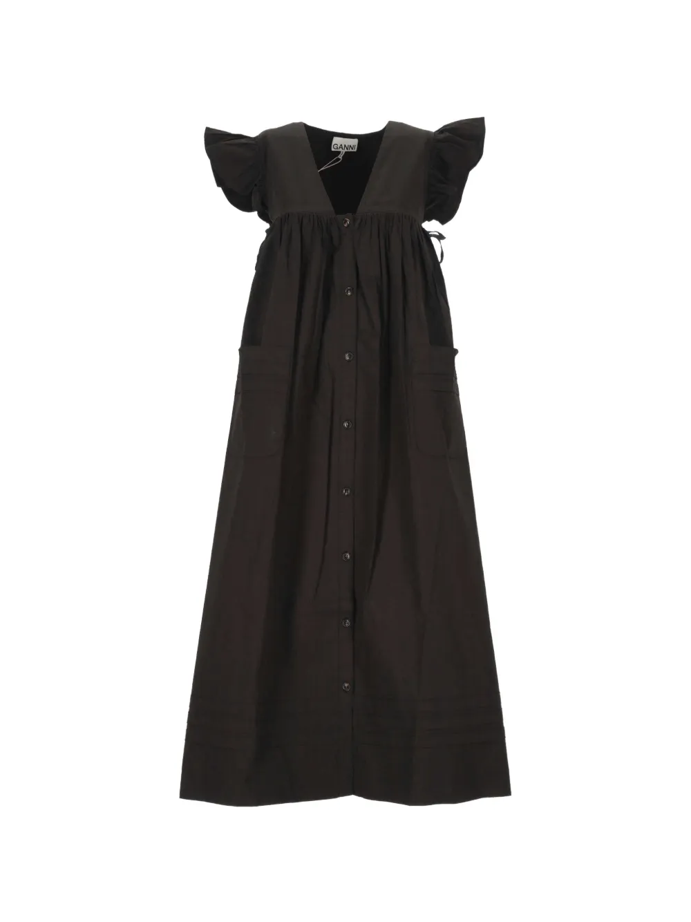 GANNI ruffled button-front midi dress Zwart