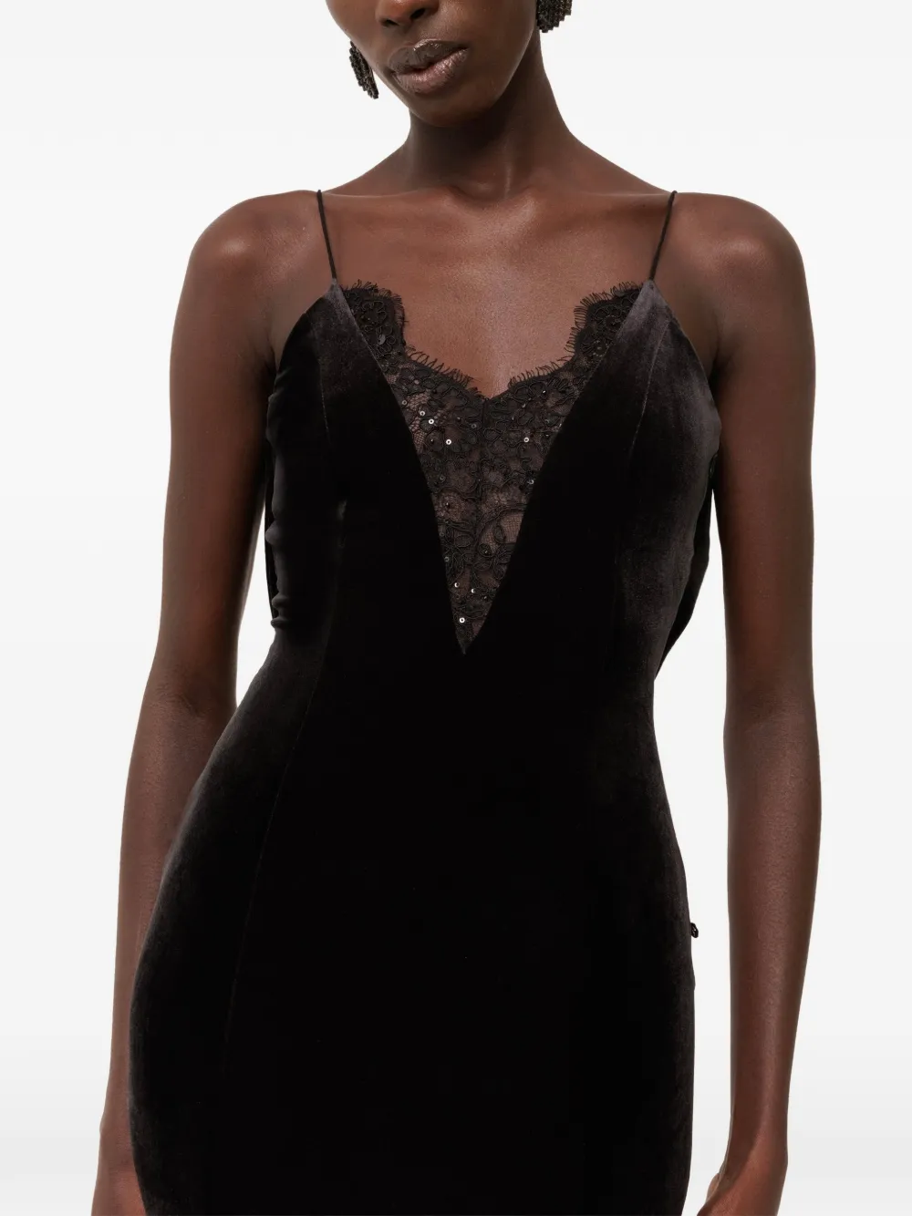 NISSA lace-insert velvet maxi dress - Nero