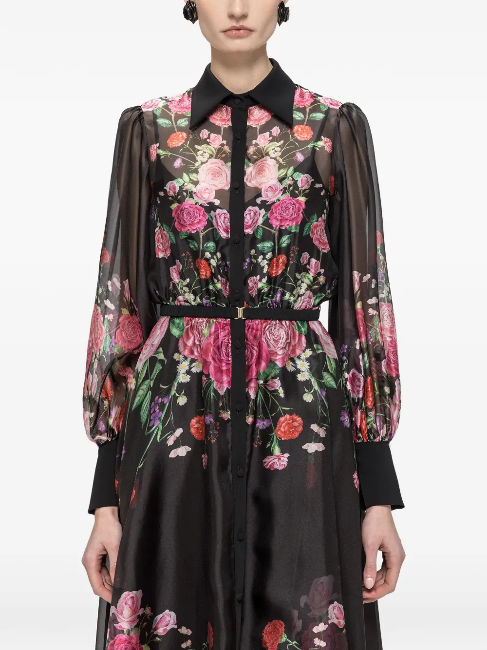 NISSA floral-print organza belted midi dress - Nero