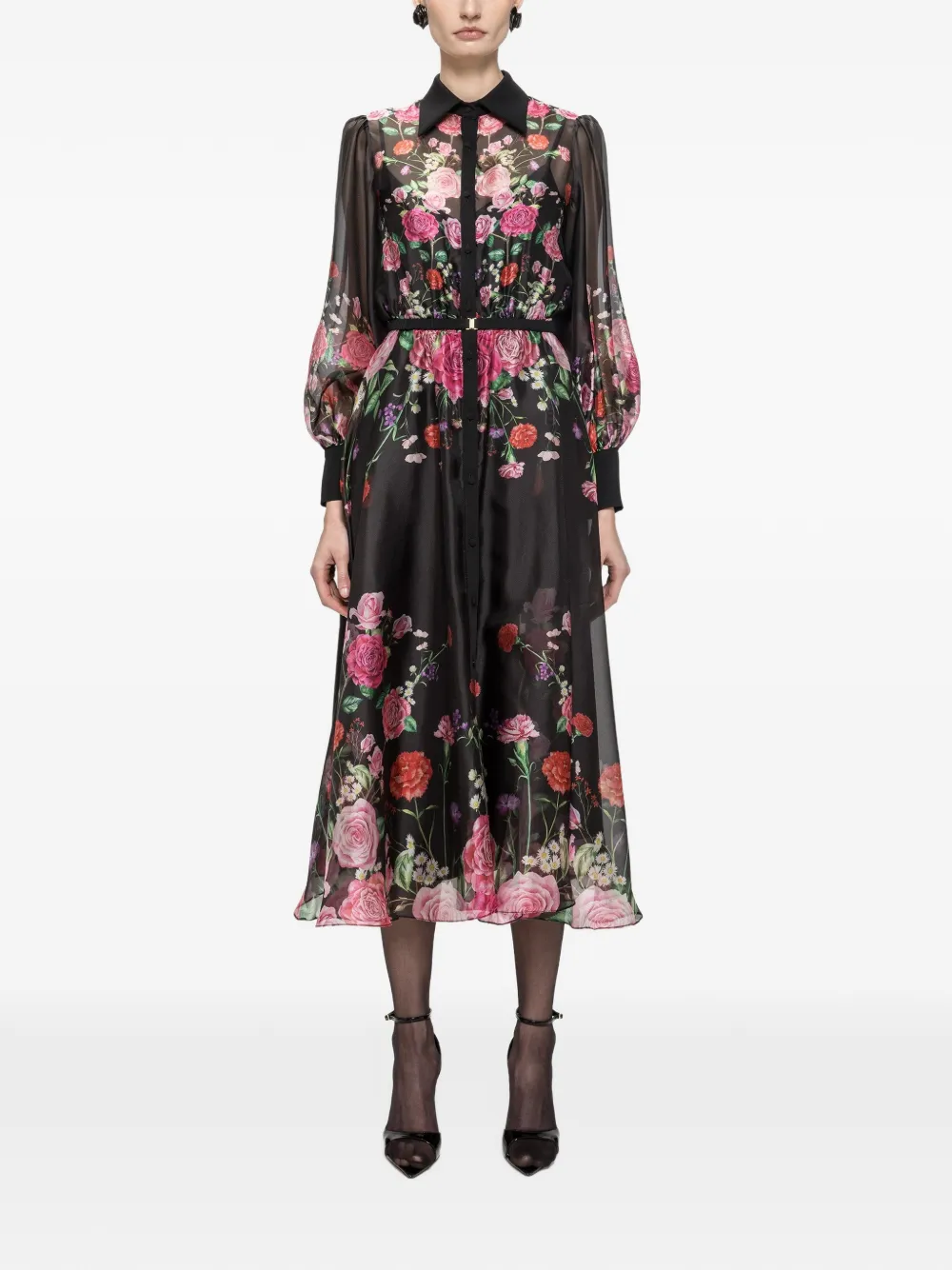 NISSA floral-print organza belted midi dress - Nero