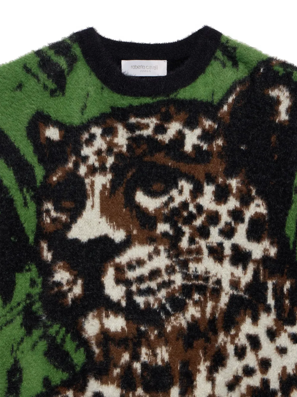 Roberto Cavalli Junior leopard-intarsia fluffy-knit sweater Zwart