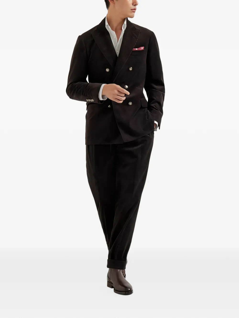 Brunello Cucinelli double-breasted corduroy suit Zwart
